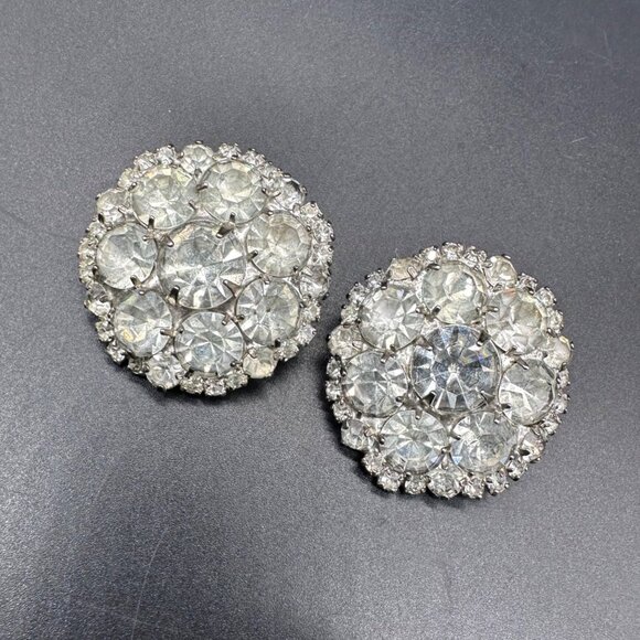 Jewelry - Vintage Clip On Earrings Mid Century Rhinestone Sparkly Silver Round Jewelry